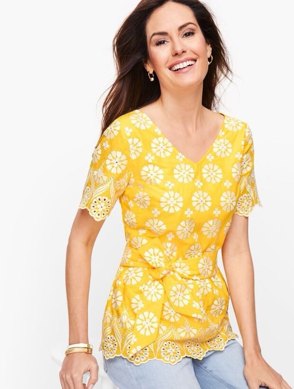 Talbots Women’s Yellow Floral Embellished Border Peplum Top Size 8P
